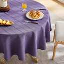 ZeeMart Linen Checked Table Cloth 60 Inches Round, Farmhouse Style Plaid Embroidered Water Resistant Table Cover, Purple