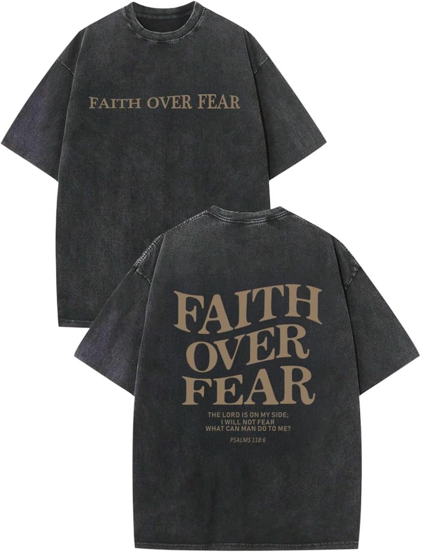 Christian Faith Over Fear Shirt for Men Jesus Religious Shirts Oversized Graphic Tees Acid Wash God T-Shirt (Medium, Black)