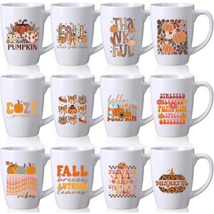 12 Pcs Fall Coffee Mugs Thanksgiving Gifts 12oz Ceramic Autumn Pumpkin Mugs Fall Party Decorations Supplies for Women Men Home Office Kitchen, No Dishwasher