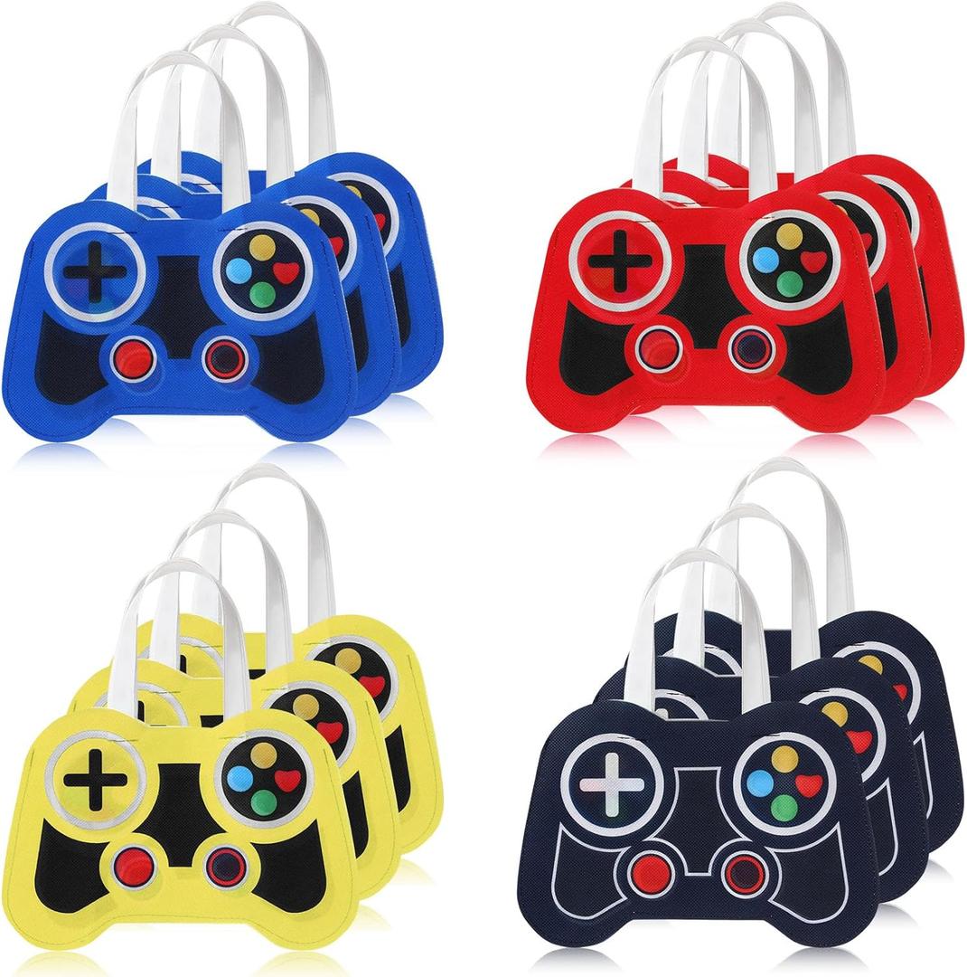 Silkfly 24 Pcs Video Game Party Favor Bags Non Woven Reusable Gaming Goodie Treat Gift Bags with Handles Gaming Party Supplies(4 Colors,24 Pcs)