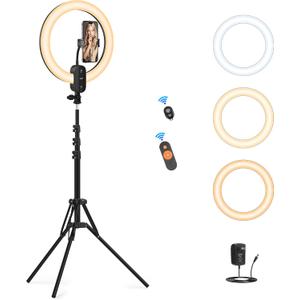 12" Selfie Ring Light with 63" Tripod Stand/Phone Holder, QEUOOIY 20W LED Circle Lights Dimmable 3000-6500K with Remote Control and Built-in Rechargeable Battery for Vlog, Makeup, YouTube, Camera