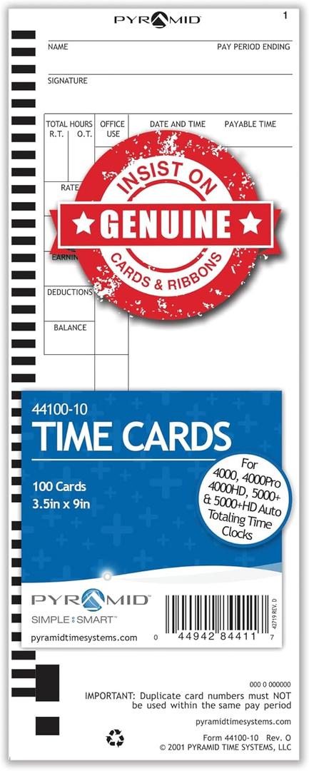 Pyramid Time Systems - Authentic Time Cards (44100-10) for Pyramid Models 4000, 4000PRO, 4000PROK, 5000HD & 5000 Auto Totaling Time Clocks, Single Sided Time Sheets (3.5 x 9 in) -100 Time Cards