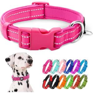 azuza Reflective Dog Collar, Soft Neoprene Padded Pet Collar with ID Tag Ring, Adjustable for Large Dogs, Hot Pink, Large