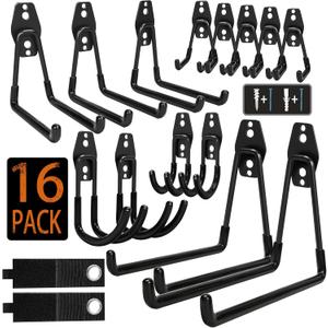 Steel Garage Storage Hooks - 16 Pack Anti-Slip Coating, Heavy Duty Wall Mount Hooks for Hanging Bike, Ladder, Garden Tools (Black)