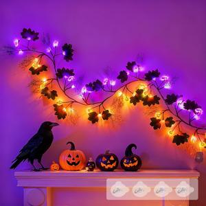 kuaima Halloween Light up Garland with 54 Purple and Orange LED Lights, 6.56 FT Lighted Willow Vine Twig Battery Operated for Indoor Decor, 8 Modes with Timer Function
