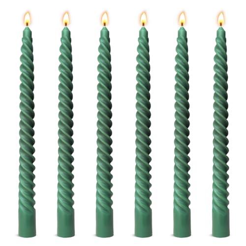 6 Pack 10 Inch Hunter-Green Spiral Taper Candles for Christmas and Spring Home Decoration, Unscented Dripless Twisted Candlesticks for Dinner St. Patrick's Day Earth Day and Garden Parties