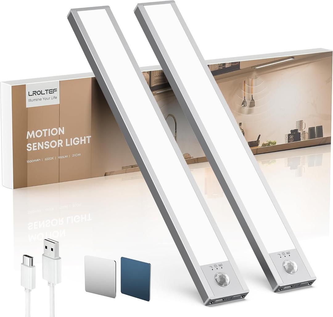 LROLTEF Under Cabinet Lighting Wireless, 2 Pack 8.3 inch 1500mAh 6500K Dimmable Motion Sensor Light Indoor, Rechargeable LED Under Counter Lights for Kitchen, Shelf, Stairs, Closet