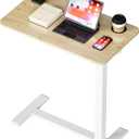 BIZUM Adjustable Bedside Table with Swivel Hidden Wheels Pneumatic Rolling Desk Mobile Standing Desk with Cup Holder for Hospital Home(27.6"x15.8" Maple)
