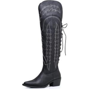 GLOBALWIN Women's Cowboy Western Fashion Over The Knee Thigh High Cowgirl Boots Low Heel (8.5, 23yy08 Black)