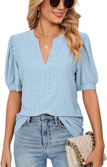 PerZeal Women's Summer Tops Tunic V Neck Ruffle Half Sleeve Blouses Short Sleeve Casual Loose Tops T-Shirts Light Blue X-Large