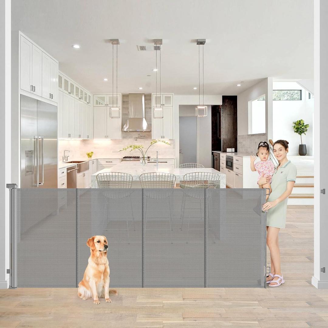 Reinforced 42 Extra Tall x 80 Wide Retractable Baby Gates with Rods to Prevent Crawling Through, Extra Tall Dog Gate for Large Openings Indoor Long Mesh Pet Gate for Stairs and Doorways, Gray