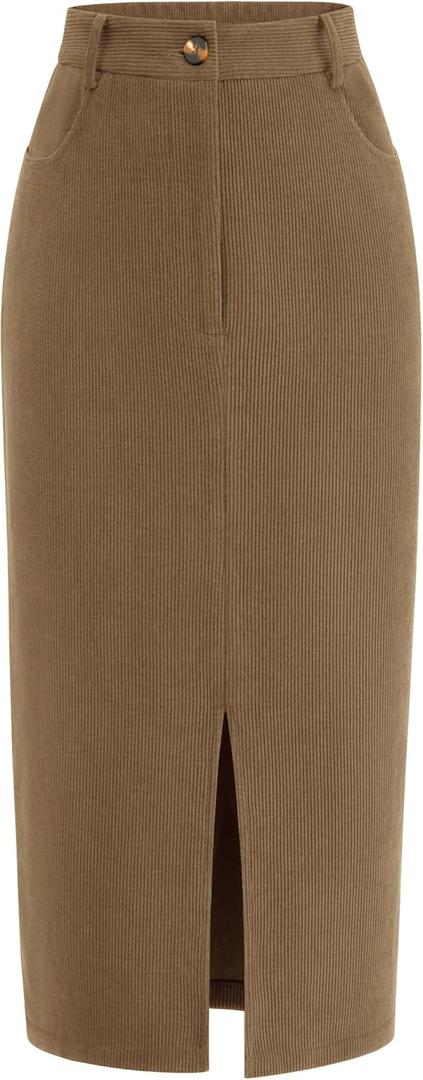 PRETTYGARDEN Corduroy Skirt Women Fall Fashion 2026 High Waisted Pencil Midi Skirts Business Casual Work Office Winter Outfit (Brown)