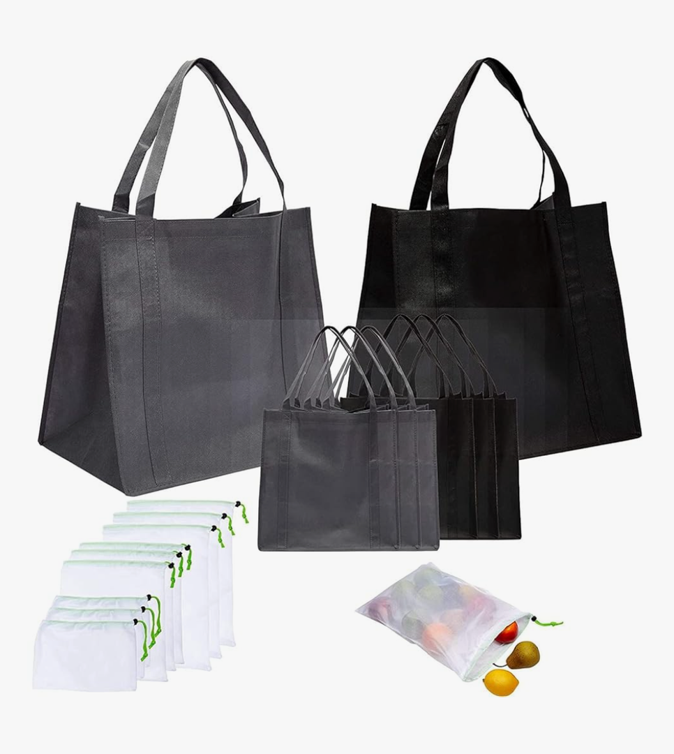 Okuna Outpost Non-Woven Tote Grocery Bags and Mesh Produce Shopping Bags (5 Sizes, 15 Pieces)