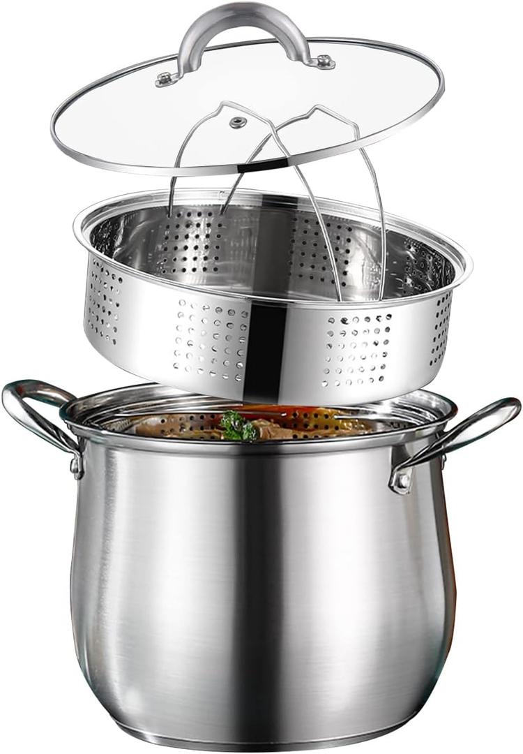 10 Quart Large Stock Pot with Steamer and Glass Lid, Stainless Steel Mirror Polished Stockpot Soup Pot for Cooking, Silver, Dishwasher Safe