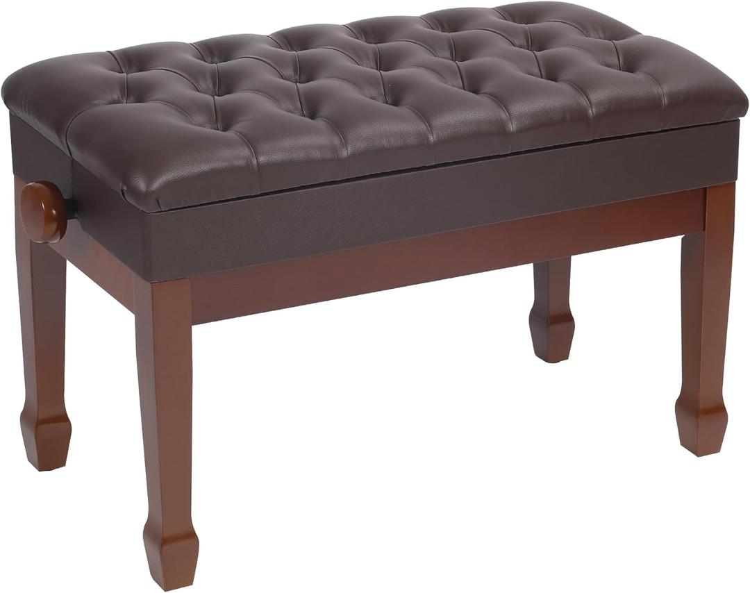 Duet Piano Bench with Storage,Adjustable Heavy Duty Wooden Double Keyboard Piano Bench Seat with PU Leather Cushion, Brown