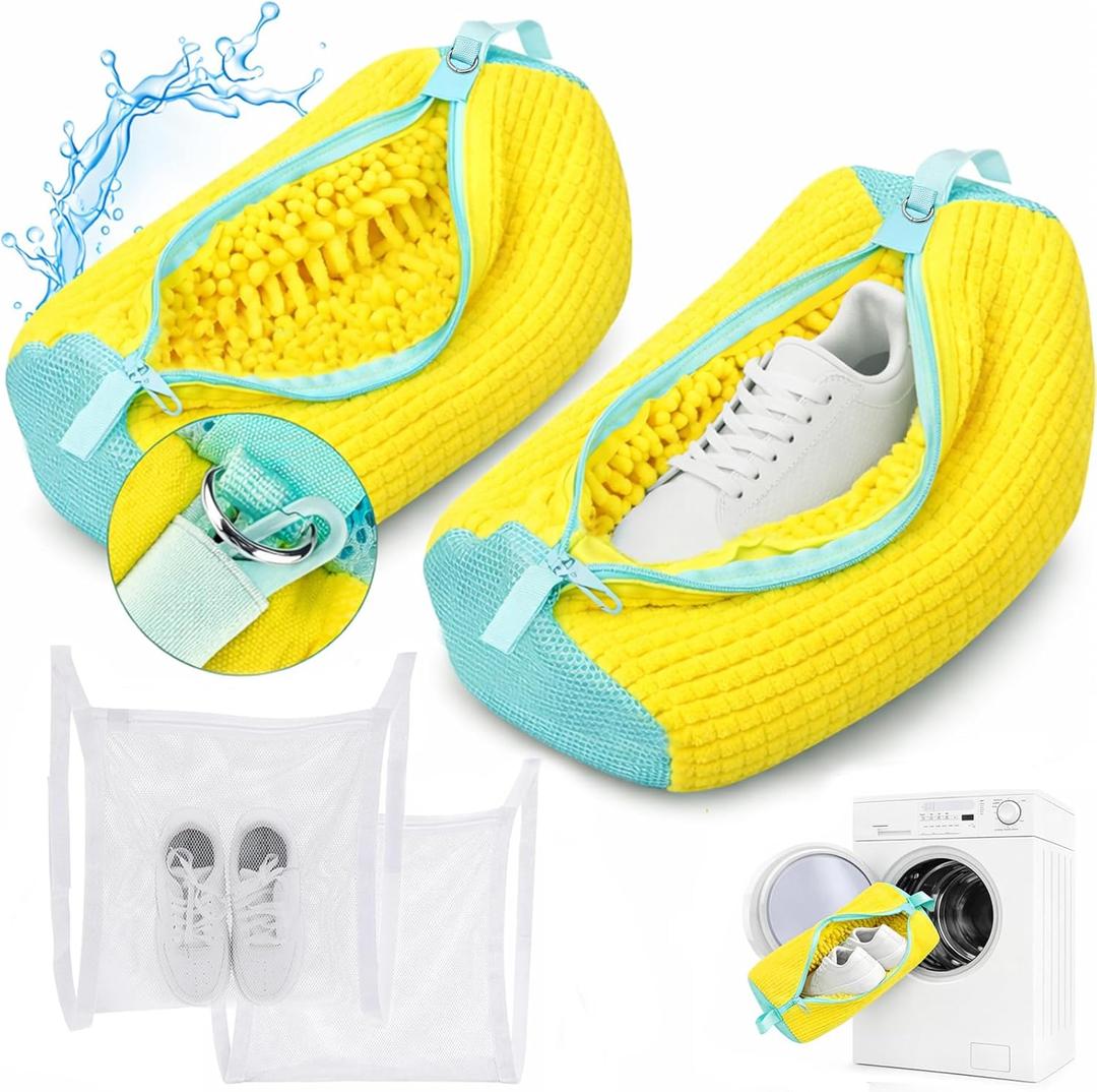 Shoe Washing Machine Bag, Shoe Laundry Bag for Washer and Dryer, Include Dry Net Bag, Reusable and Durable Zipper with Hook Design, Shoe Washing Bag for Sneaker (Yellow, 2 Pack)
