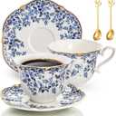 Porcelain Tea Cups and Saucers Set of 2, 6 Oz Vintage Country Roses Bone China Tea Cup with Gold Trim, Spoon, 6 Pieces Coffee Cappuccino Mugs for Women, Tea Parties, Wedding Gifts