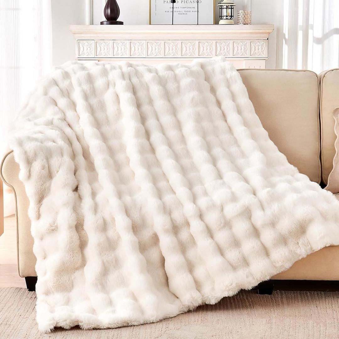 Luxury Faux Fur Throw Blanket, Soft Bubble Fluffy Blanket Cozy Fuzzy Throw Blankets for Bed Sofa Couch, Decorative Thick Warm Plush Fuzzy Elegant Soft