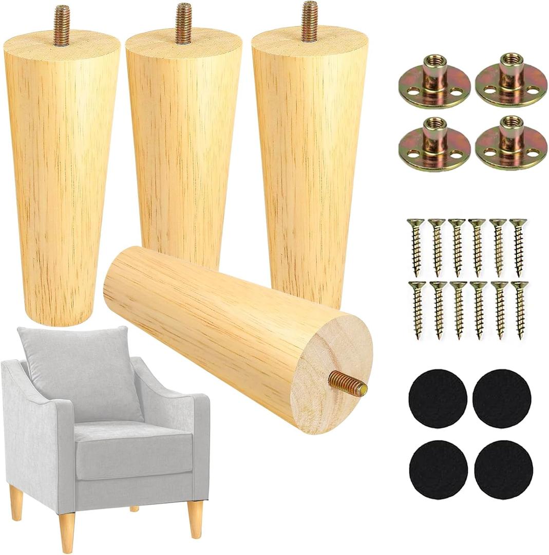 6 Inches Round Solid Wood Furniture Legs Set of 4, Natural Wooden Replacement Feet with Threaded 5/16'' Hanger Bolts for Sofa, Couch, Armchair, Cabinet, TV Stand, Ottoman and Dresser