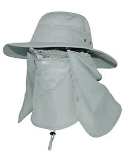 Wide Brim Sun Hat with Detachable Face Cover & Neck Flap Waterproof Safari Fishing UPF 50+ UV Protection Hat for Men Women (One Size, Gray)