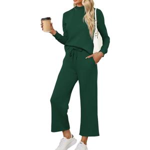 Tankaneo Womens 2 Piece Sets Mock Neck Long Sleeve Tops Wide Leg Pants Lounge Set Vacation Travel Fall Outfits Tracksuit (Medium, Dark Green)