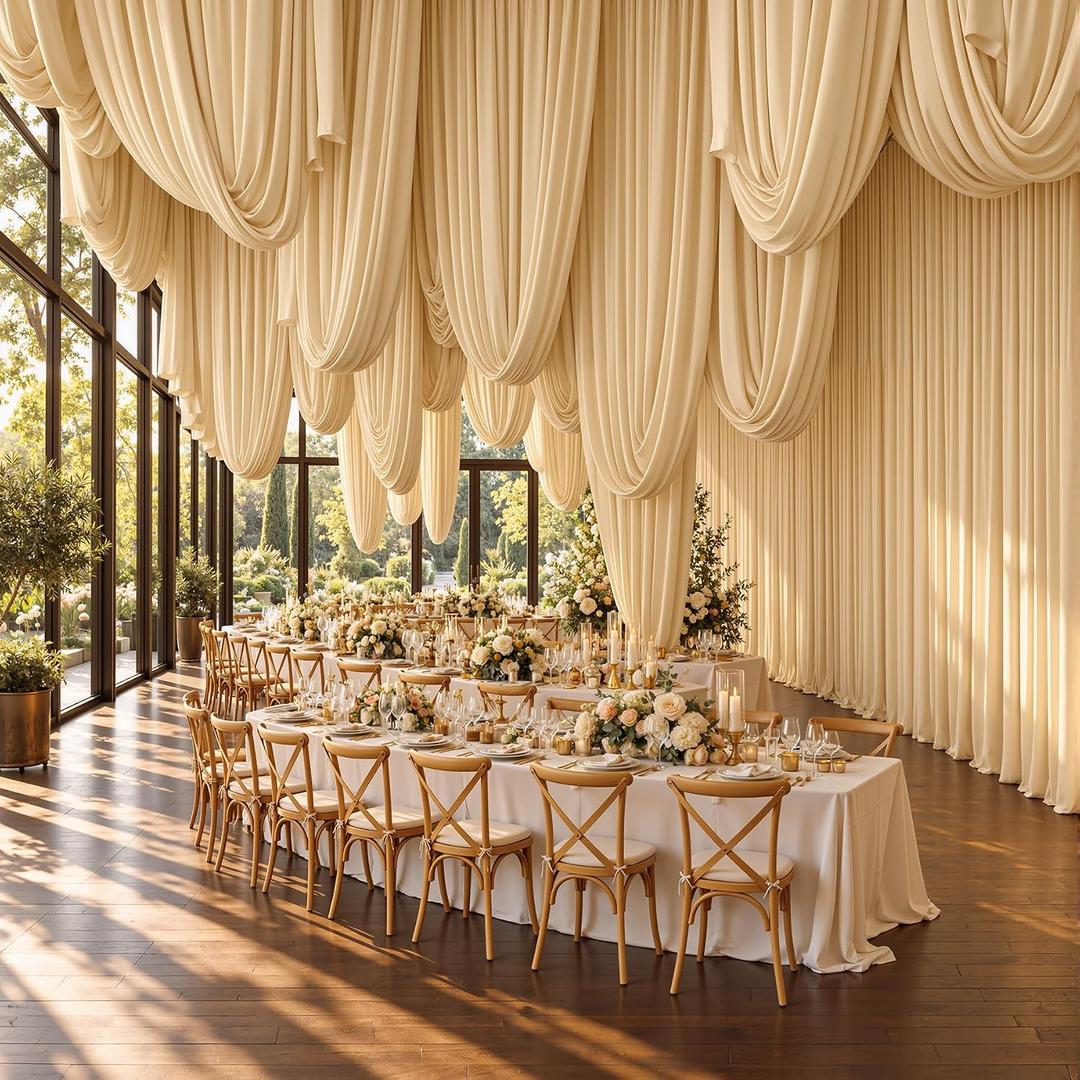 8 Panels 5x20ft Beige Ceiling Drapes for Wedding Parties, Wrinkle Free Thick Polyester 20ft Extra Long Wedding Draping Beige Ceiling Curtains Arch Drapery for Birthday Party Canopy Tent Decor, 60"W x 240"L