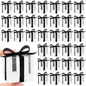 Hxezoc 50 Pack Favor Boxes 2x2x2 Inches Clear Candy Treat Boxes with Black Ribbons, Mini Plastic Gift for Wedding, Birthday Party, Baby Shower, Classroom Decoration Supplies
