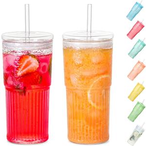 Glass Cups With Lids and Glass Straws20 OZ High Borosilicate Glass Tumbler Iced Coffee Water Smoothie (Clear)