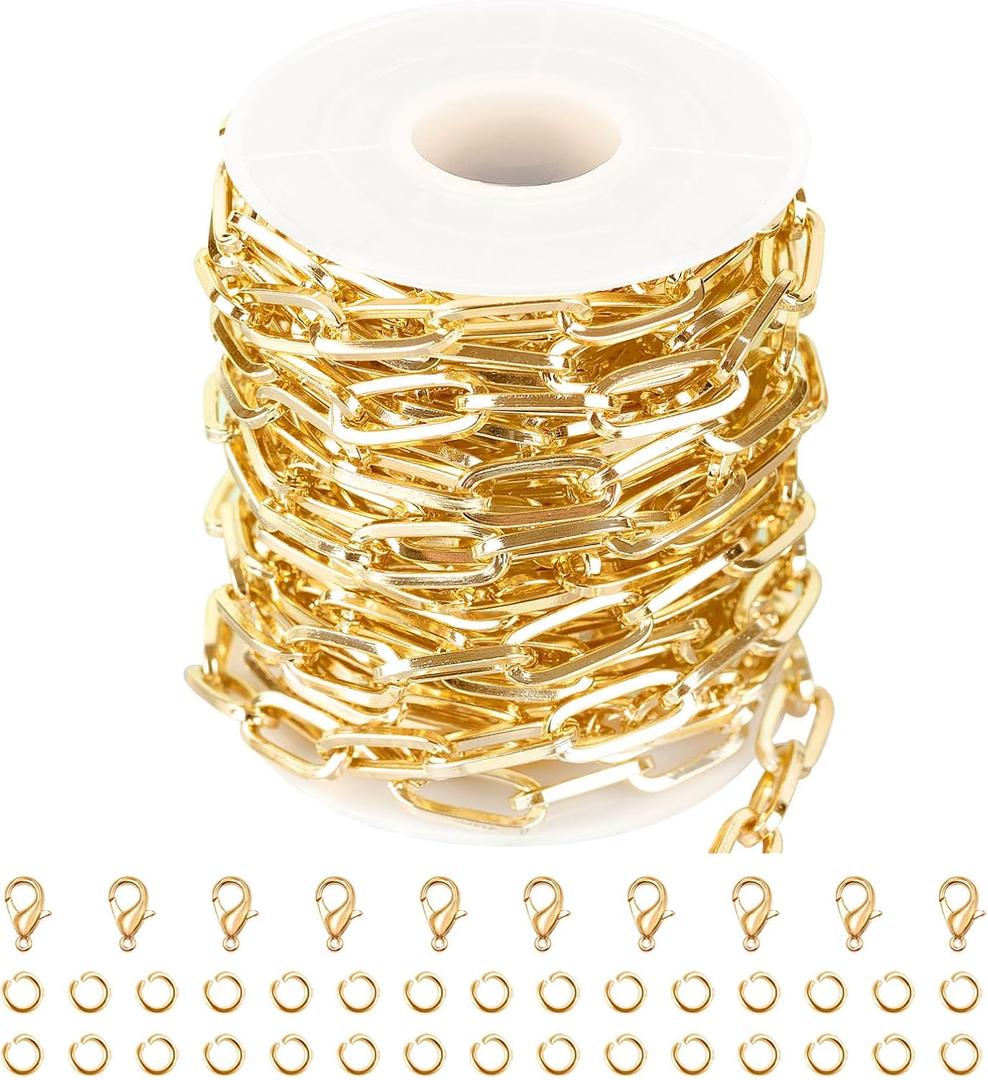 Jabogrii 5 Meters Paperclip Jewelry Making Chains Gold Plated Aluminum DIY Craft Chain Roll with Lobster Clasps and Jump Rings for Jewelry Making (2.0mm Light Gold Paperclip)