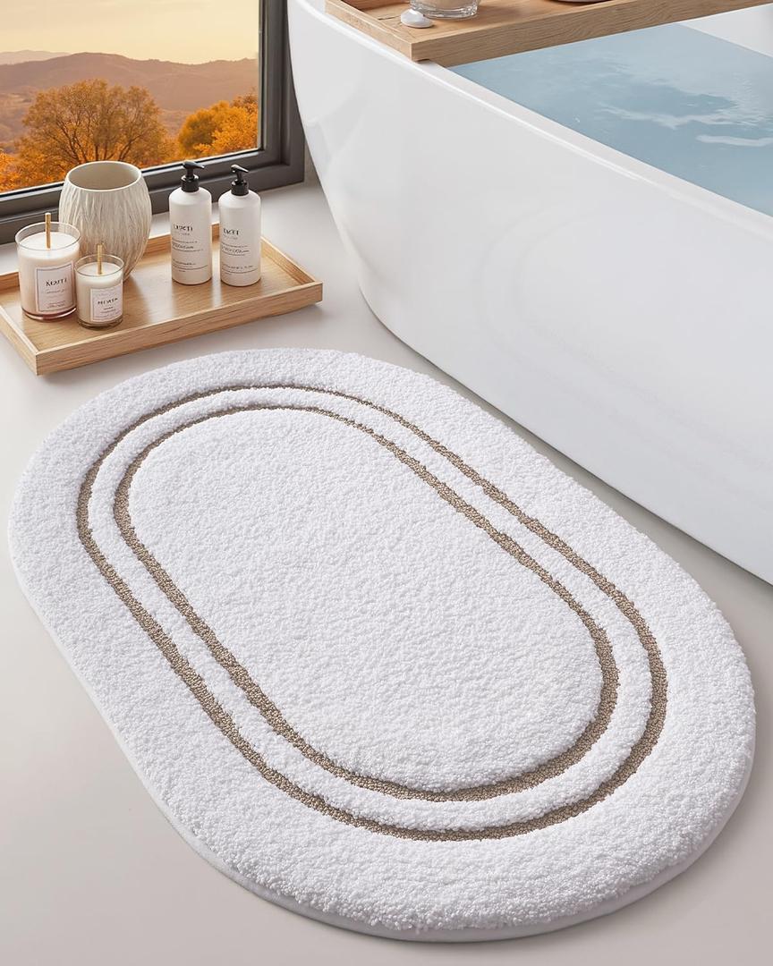 DEXI Oval Bath Mats for Bathroom, 24x43 Absorbent Bath Mat, Washable Microfiber Bathroom Rug with Non Slip Backing for Shower Floor, Beige