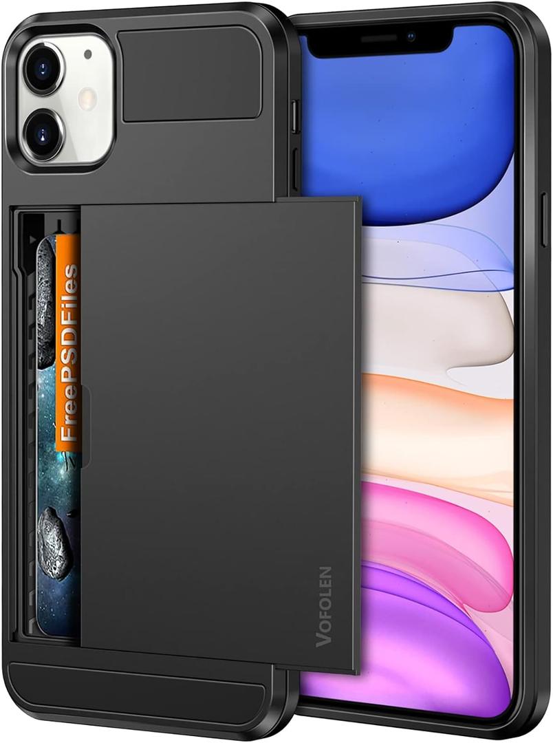 Vofolen Case for iPhone 11 Case Wallet Credit Card Holder ID Slot Sliding Door Hidden Pocket Anti-Scratch Dual Layer Hybrid Bumper Armor Protective Hard Shell Back Cover for iPhone 11 6.1 Black