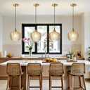 Amber Glass Pendant Lights Kitchen Island 2 Pack Gold Hanging Ceiling Light, 9.45 inch