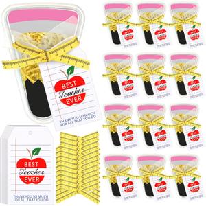 Tinlade 12 Set DIY Pencil Container Appreciation Teacher Gifts with Apple Cards Ruler Ribbon Back to School Plastic Treat Boxes for Teachers Thank You Gifts for Classroom School Party Favors