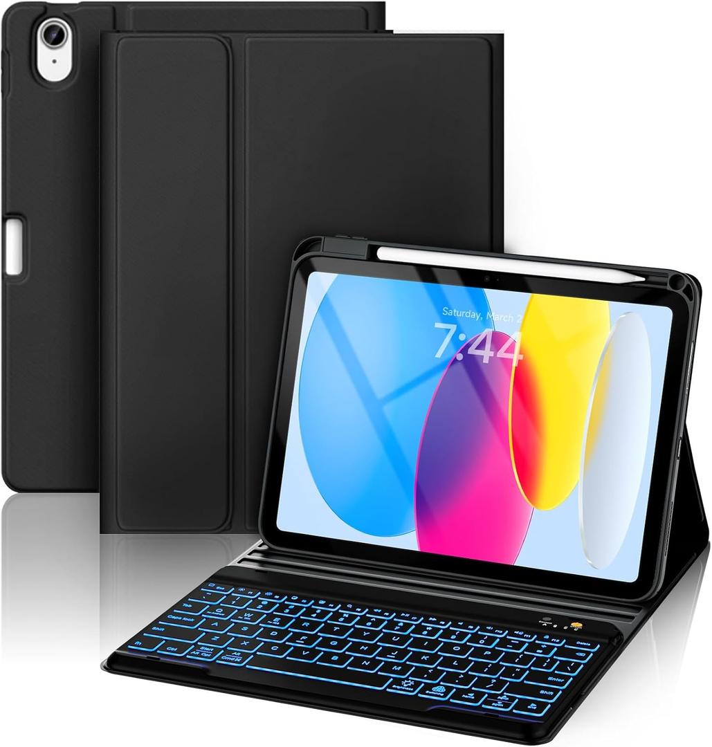 OYEEICE for iPad 11th (A16) &10th Generation Case with Keyboard - 7 Color Backlit Wireless Detachable Folio Keyboard Cover with Pencil Holder for iPad 11 inch A16 2025 10th Gen 10.9'' 2022 - Black (Classic style)