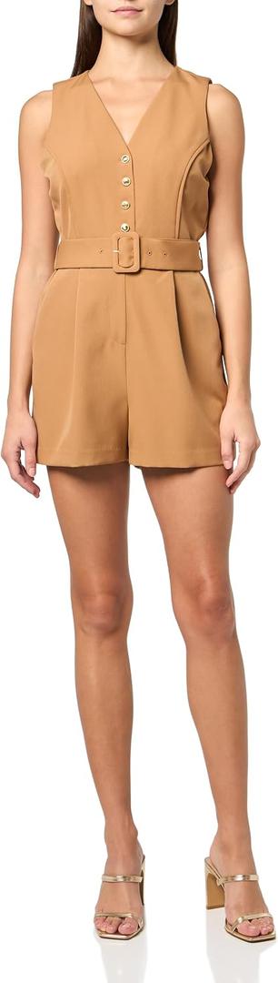 BCBG womens Sleeveless V-neck Button Front Belted Romper, 16