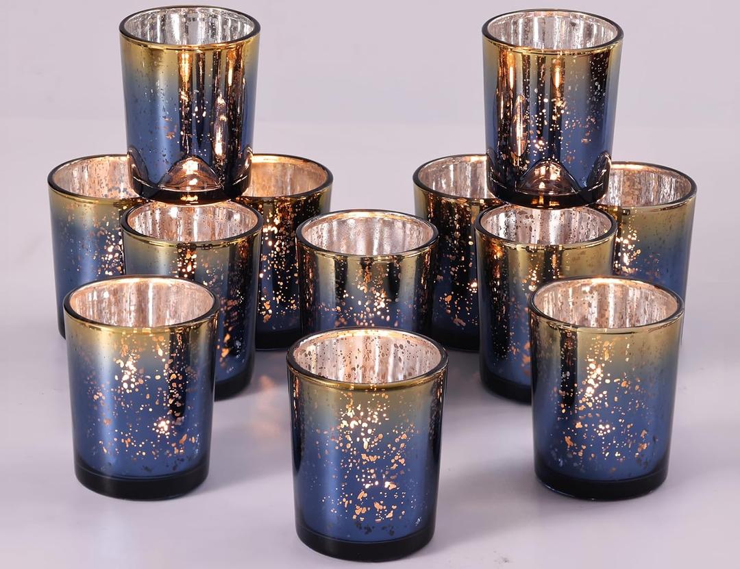 Volens Navy Votive Candle Holders Set of 12, Speckles Mercury Glass Tealight Candle Holder Bulk for Table Wedding Centerpiece, Navy Blue and Gold Themed Party Decorative & Home Decor (Navy Blue+gold)