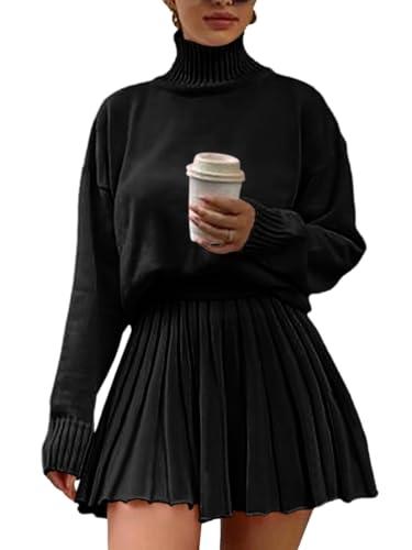 Jenisso Women's 2 Piece Outfits Turtleneck Long Sleeve Oversized Pullover Sweaters And Pleated Mini Skirt Two Piece Sets, Black, Size S