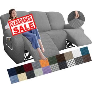 YEMYHOM 8 Pieces Stretch Recliner Sofa Cover Latest Jacquard Reclining Couch Cover with Side Pocket Anti-Slip Fitted 3 Cushion Furniture Slipcovers with Elastic Bottom (Sofa Recliner, Light Gray) (3 Seater)