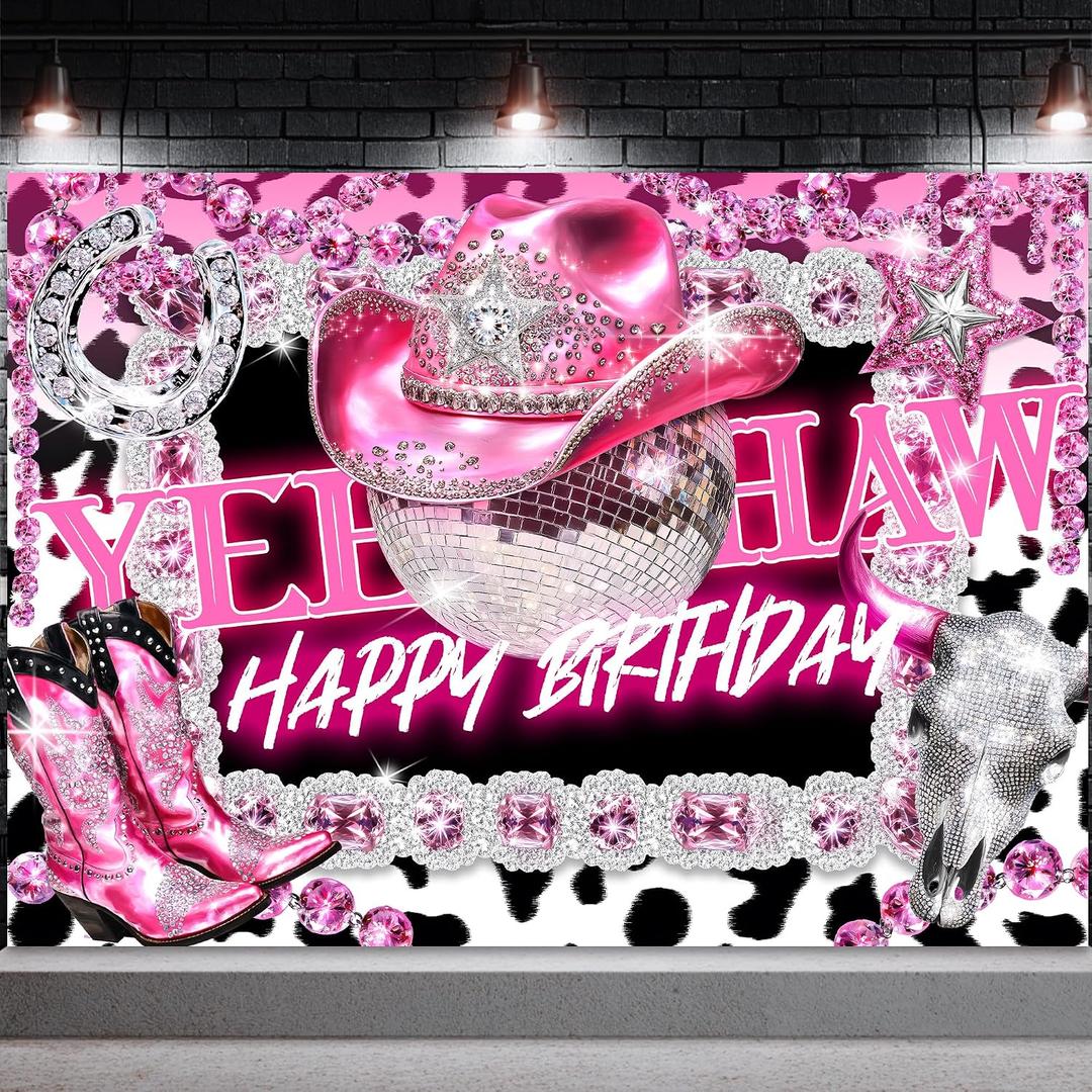 Omifly Western Cowgirl 7Wx5H Backdrop for Photography Birthday Cow Print Pink Boots Hat Diomand Bull Skull Retro Disco Ball Background Party Decorations Cake Table Banner Decor Photo Booth Studio Prop