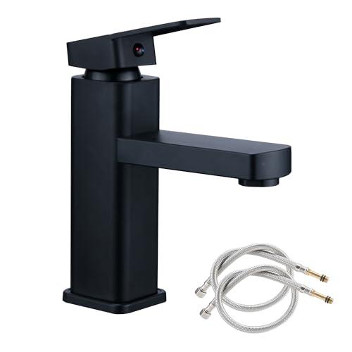 Bathroom Basin Tap Washroom Hot and Cold Mixer Tap Single Lever Bathroom Sink Faucet with 24Inch Water Supply Line, Matte Black