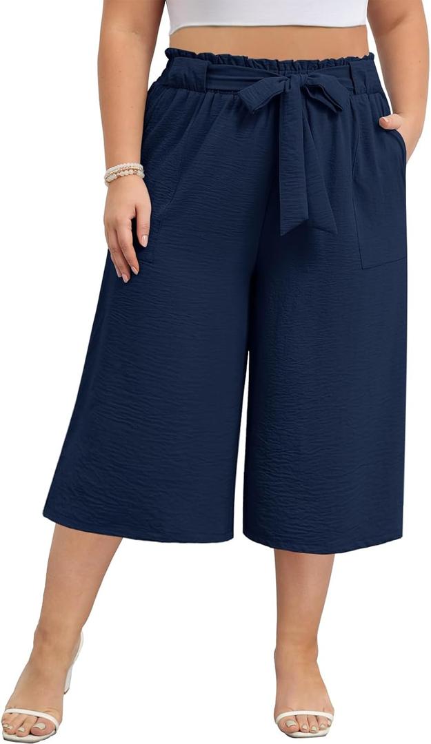 Lastshe Women's Plus Size Capri Pants Wide Leg High Waisted Summer Capris Loose Adjustable Cropped Palazzo Trousers (3X, Navy Blue)