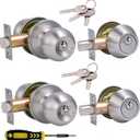 2 Sets All Keyed Same Entry Door Knob and Single Cylinder Deadbolt Combo Set, Round Ball Satin Nickel Exterior Door Knobs with Lock and Keys for Entrance and Front Door (2 Pack, Keyed Deadbolt Lockset-Keyed Alike)