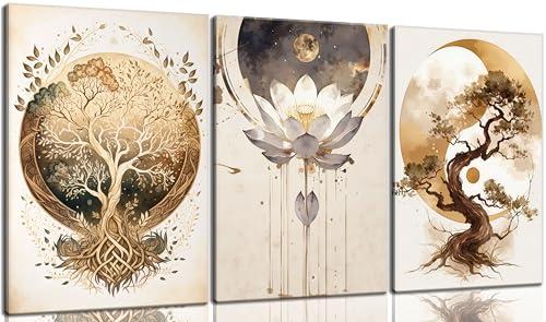 Tree Of Life Wall Art Zen Lotus Flower Canvas Posters Yoga Meditation Studio Wall Decor Abstract Yin Yang Artwork Painting Prints Mindfulness Spiritual Energy Pictures for Living Yoga Room Framed