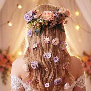 Bridal Hair Vine Elegance Wedding Headpiece, Artificial Flower | Floral Head Piece for Bride Hairstyle, Romantic Roses and Leaves, Photography Styling Props, Elegant Boho Long Vine