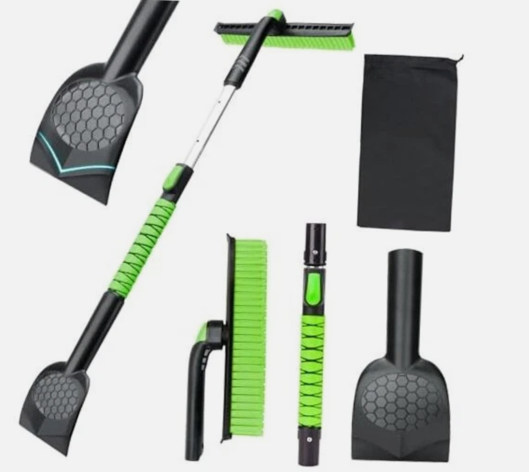 45.6" Ice Scraper and Snow Brush for Car Windshield [Silicone Bristles] ,3in1 Extendable Emergency Snow Shovel with Ergonomic Foam Grip and 360° Pivoting Brush Head for Christmas, Car Auto Truck SUV
