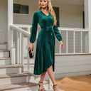 Women's Velvet V Neck Puff Sleeve Dress for Wedding Guest Cocktail Elegant Bodycon Party Midi Dress (Green)