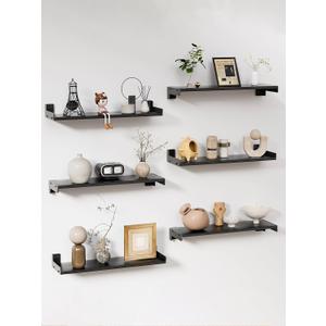 Floating Shelves for Wall, Shelves for Decor Storage Set of 6, Wall Mounted Wood Shelf for Bedroom, Living Room, Bathroom, Kitchen,Long Picture Ledge Shelves.(Black), 15.7 inches x 5.1 inches x 1.7 inches
