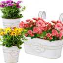 PerGar Vintage Metal Iron Wall Hanging Flower Pots, Rustic Planter Bucket Herb Flower Plant Holder with Detachable Hooks & Drainage Hole for Railing Fence Balcony Deck Garden Home Decoration, Set of 3 (White)