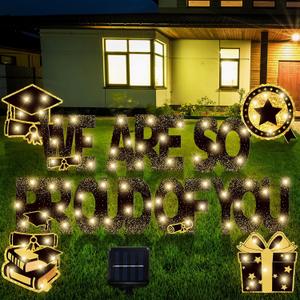 11 Pcs Solar Stake Light 2026 Graduation Yard Sign Decorations Black and Gold Congrats Grad Lawn We Are So Proud of You Outdoor Yard Sign for College High School Graduation Party Decoration