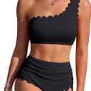 Charmo Womens One Shoulder Bikini Sets High Waisted Tummy Control Bathing Suits Ribbed Scalloped 2 Piece Swimsuit 2026 Black M